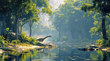 Diplodocus Dinosaur in a whimsical and colorful style. In natural habitat. Jurassic Park.