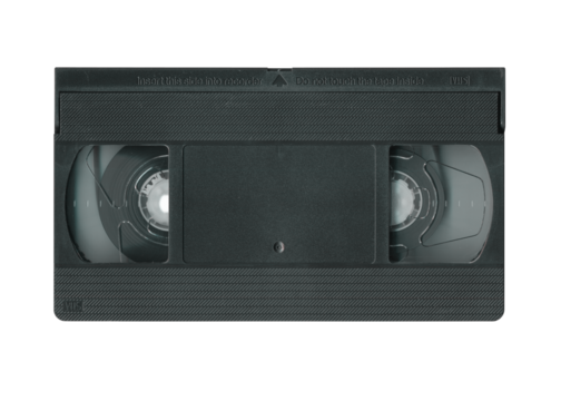 Old vhs cassette tape front, top view isolated. Vintage magnetic videotape movie storage concept studio shot.