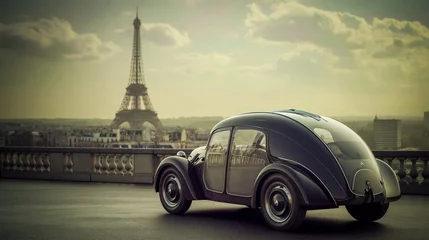 Gordijnen AI-Generated Retrofuturistic French Car with Paris and Eiffel Tower Background © Uolir