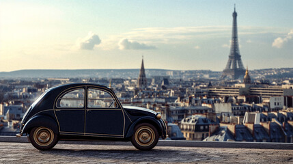 AI-Generated Retrofuturistic French Car with Paris and Eiffel Tower Background