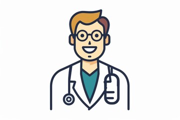 Fototapeta premium A quirky cartoon doctor with glasses and a stethoscope is depicted in a detailed line art illustration, adding a touch of whimsy to the medical profession