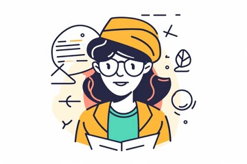 A lively animated cartoon of a joyful woman engrossed in a book, drawn with whimsical line art and accompanied by a cheerful smile, evoking a sense of happiness and love for literature - obrazy, fototapety, plakaty
