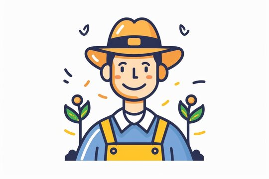 A hand-drawn illustration of a rugged cowboy wearing a sun hat, capturing the charm and simplicity of the old west in a playful cartoon style