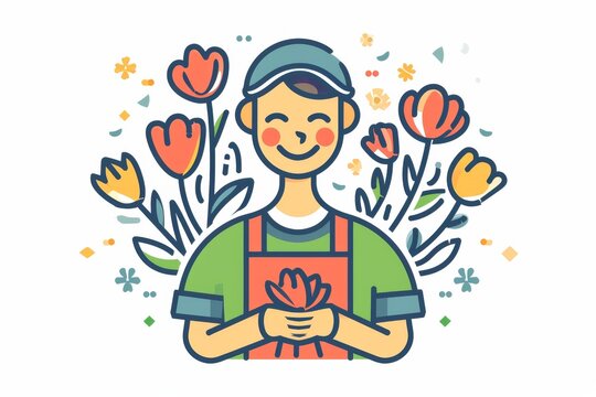 A whimsical animated cartoon of a man with a child-like sketch of a human face, holding a bouquet of flowers in a charmingly cartoonish illustration