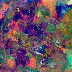 Vibrant, colorful and fluid abstract paint texture background in a modern and contemporary style with shades of purple, green, magenta, orange, yellow