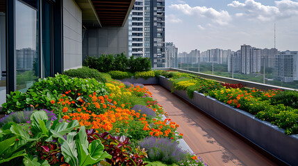 Folhagem exuberante escorre sobre as bordas de telhados de jardins modernos criando um contraste deslumbrante contra os arranha-céus de concreto e vidro - obrazy, fototapety, plakaty