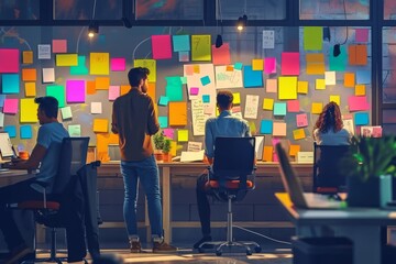 A diverse group of individuals huddled together in a cozy indoor space, adorned in colorful clothing and surrounded by vibrant art, intently studying the array of sticky notes plastered on the wall - Powered by Adobe