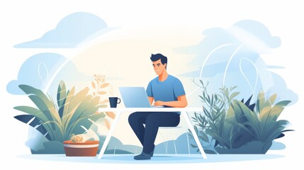 Fototapeta premium A creative individual works on their laptop surrounded by a lush display of greenery, with a delicate flowerpot and elegant vase adding to the stylish design of the room