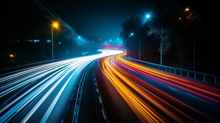 Fototapeta na wymiar Long exposure of traffic at night showing streaks of colorful light trails
