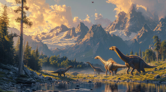 Diplodocus Dinosaur in a whimsical and colorful style. In natural habitat. Jurassic Park.