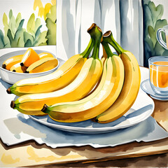 bunch of bananas on a white dish. breakfast table. watercolor painting style. healthy food. fruit illustration