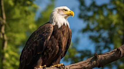 Bald Eagle Perched on Tree Branch, Majestic Bird Observation in Natural Habitat