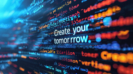 AI-Generated Image: Code Lines in Film Style with "Create Your Tomorrow" Text