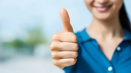A detailed view of a woman's hand offering a thumbs up, indicating approval or showing that she likes something - obrazy, fototapety, plakaty