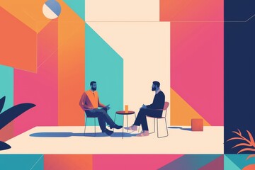 Fototapeta premium Two men sitting at a table admire a vibrant painting of cartoon footwear, discussing the intersection of clothing and art in graphic design and illustration