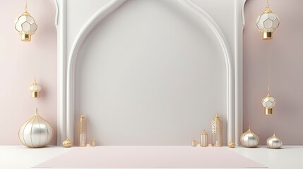 Ramadan elegant white and golden luxury ornamental background with decorative lantern - Arabic islamic Background - obrazy, fototapety, plakaty