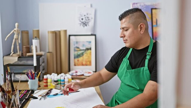 Confident young latin man artist, passionately drawing in his notebook at a bustling art studio, amidst the engaging hum of learning and creativity