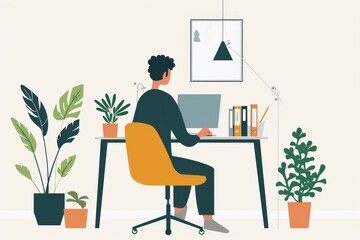 A creative mind flourishes at his workstation, surrounded by sleek furniture, a vibrant houseplant, and a whimsical vase filled with blooming flowers, all inspiring his artistic illustration on the c