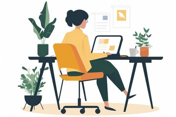 An artist finds solace in her minimalist workspace, surrounded by sleek furniture, a cozy chair, a houseplant, and her digital canvas, bringing her illustrations to life with her impeccable design sk