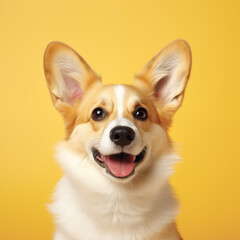 Happy Corgi Dog on Yellow Background