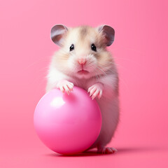 Cute Hamster with Pink Ball on Pink Background