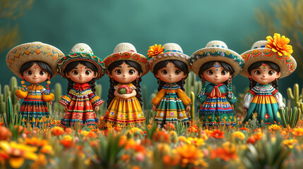 Happy Cinco de Mayo. Holiday banner. Group of Mexican kids in traditional costumes