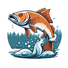 Modern fishing t-shirt design for man and woman. Fisher fish jump illustration vintage retro style. Ready to use and print. Transparent background.