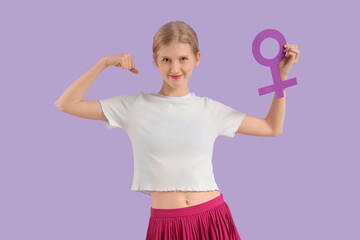 Young woman with gender symbol on lilac background