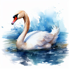 Beautiful swan in water pond watercolor illustration design for poster or sublimation print