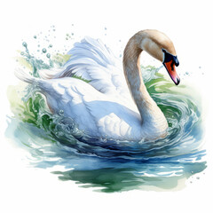 Beautiful swan in water pond watercolor illustration design for poster or sublimation print