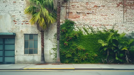 Gordijnen Vegetação exuberante de hera verde cai pela lateral de um prédio de tijolos desgastado suavizando as linhas duras da paisagem urbana © Alexandre