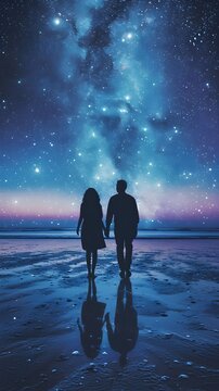 Couple standing ankle-deep in the surf, gazing at the stars reflecting on the water, valentine’s day vibes, background image, generative AI