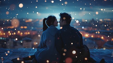 Obraz premium Couple enjoying a romantic evening on a rooftop under the stars, valentine’s day vibes, background image, generative AI