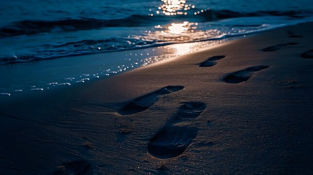 Close-up of the beach with moonlight illuminating the sand and the footprints of a couple, valentine’s day vibes, background image, generative AI