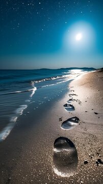 Close-up of the beach with moonlight illuminating the sand and the footprints of a couple, valentine’s day vibes, background image, generative AI