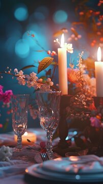 Intimate dinner scene with candles, flowers, and a romantic ambiance, valentine’s day vibes, background image, generative AI