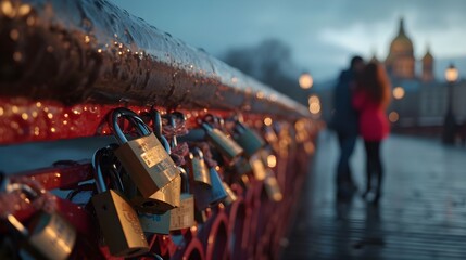 Couples placing love locks on a picturesque bridge, valentine’s day vibes, background image, generative AI - obrazy, fototapety, plakaty
