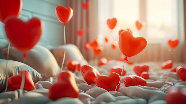 Room filled with heart-shaped balloons for a romantic surprise, valentine’s day vibes, background image, generative AI