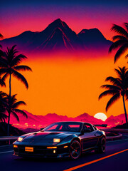 synthwave sunset scenery, a supercar driving down the road on an orange sunset, waves, mountains, palm trees, miami, 80s, warm, colourful, summer vibes, golden times	