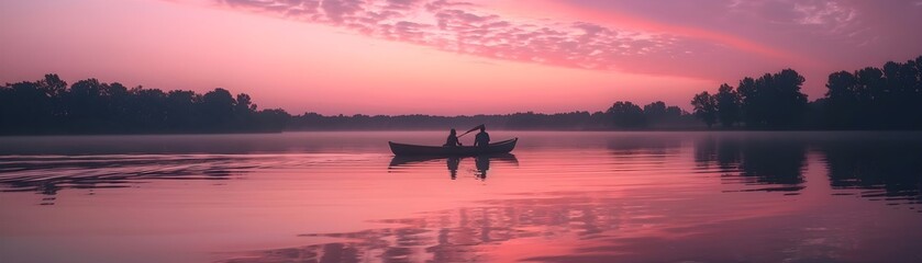 Couple sailing on a serene lake or river under a pink sunset, valentine’s day vibes, background image, generative AI