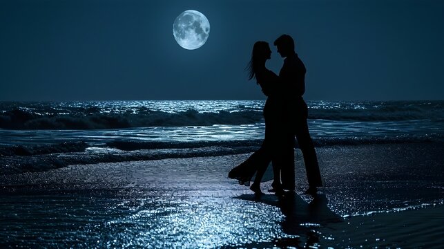 A couple gracefully dancing on the moonlit beach, their silhouettes cast against the shimmering waves, valentine’s day vibes, background image, generative AI