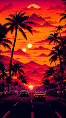 synthwave sunset scenery, a supercar driving down the road on an orange sunset, waves, mountains, palm trees, miami, 80s, warm, colourful, summer vibes, golden times	