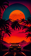 synthwave sunset scenery, a supercar driving down the road on an orange sunset, waves, mountains, palm trees, miami, 80s, warm, colourful, summer vibes, golden times	