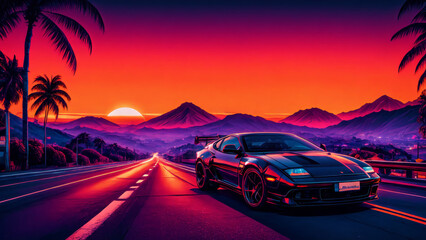 synthwave sunset scenery, a supercar driving down the road on an orange sunset, waves, mountains, palm trees, miami, 80s, warm, colourful, summer vibes, golden times	 - obrazy, fototapety, plakaty