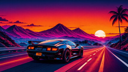 Fototapeta premium synthwave sunset scenery, a supercar driving down the road on an orange sunset, waves, mountains, palm trees, miami, 80s, warm, colourful, summer vibes, golden times 