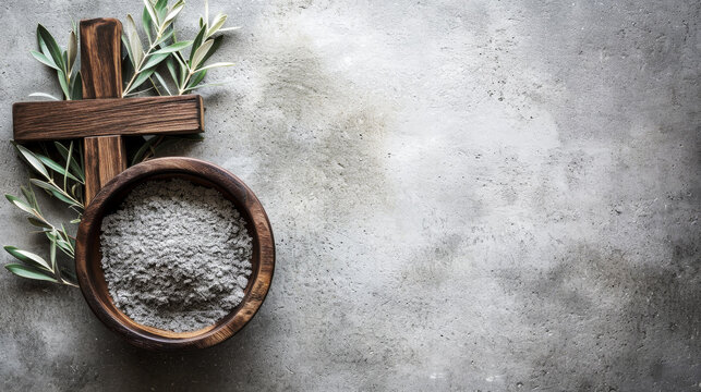 Wooden cross, ashes, and olive branches on concrete stone background. Faith, liturgy, religious ceremony - Powered by Adobe