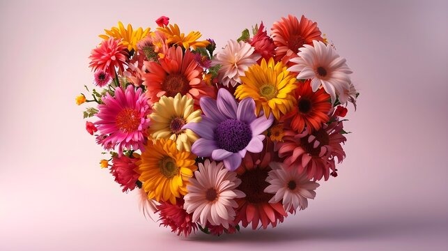 Bouquet of vibrant flowers arranged in the shape of a heart, valentine’s day vibes, background image, generative AI