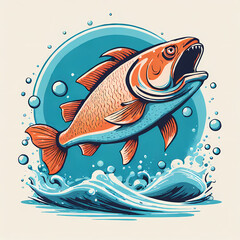 Modern fishing t-shirt design for man and woman. Fisher fish jump illustration vintage retro style. Ready to use and print.