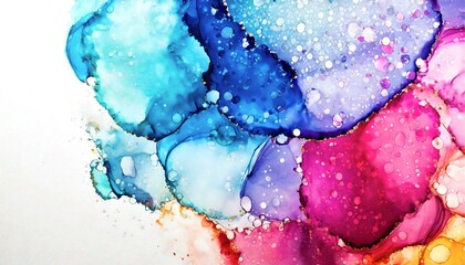colorful alcohol ink drops, wash texture on white paper background / wallpaper, macro photo 