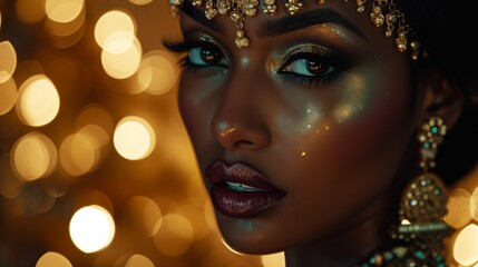 Ethereal beauty of an Indian bride adorned with gold makeup and jewelry, highlighted by the warm glow of bokeh lights